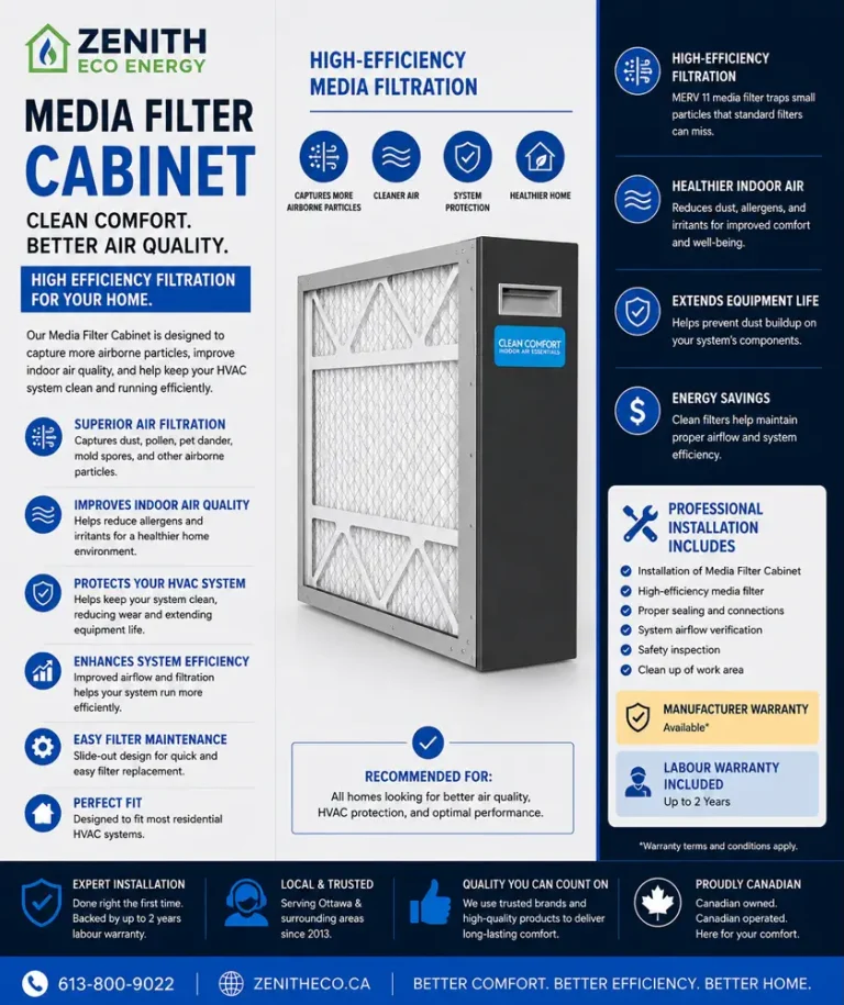 Clean Comfort MERV 11 media filter cabinet installed by Zenith Eco Energy in Ottawa