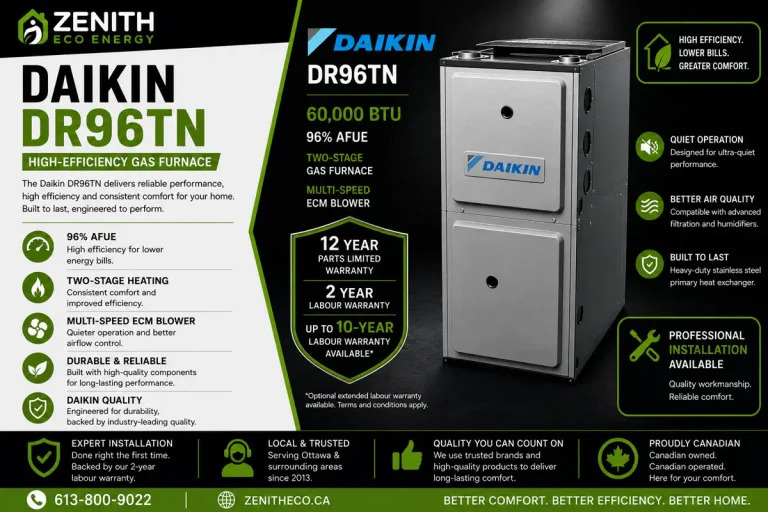 Daikin DR96TN two-stage gas furnace, 96% AFUE, installed by Zenith Eco Energy in Ottawa