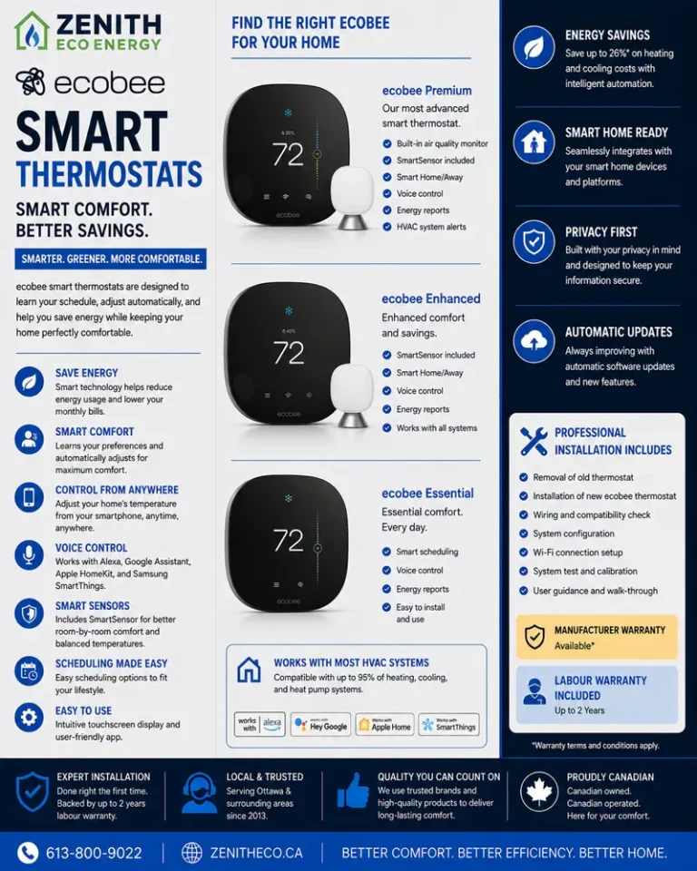 Ecobee Premium, Enhanced and Essential smart thermostats installed by Zenith Eco Energy in Ottawa