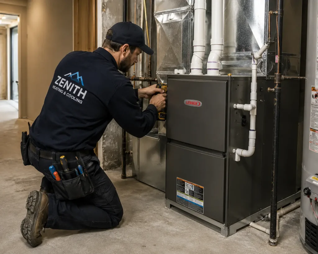 A Zenith technician fastening the cabinet of a newly installed high-efficiency furnace.