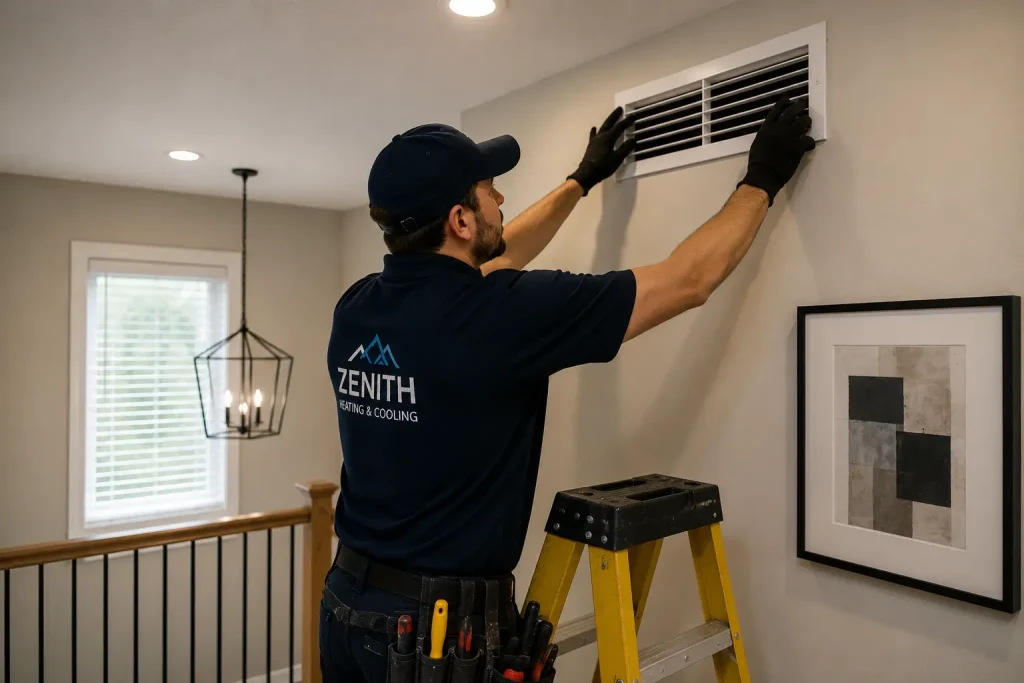 A Zenith technician refitting a register cover while balancing airflow on an upper floor.