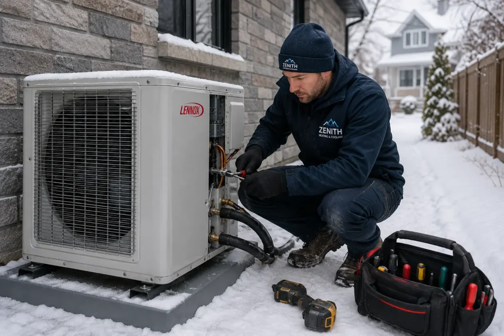 A Zenith technician servicing an outdoor heat pump surrounded by snow at an Ottawa home.