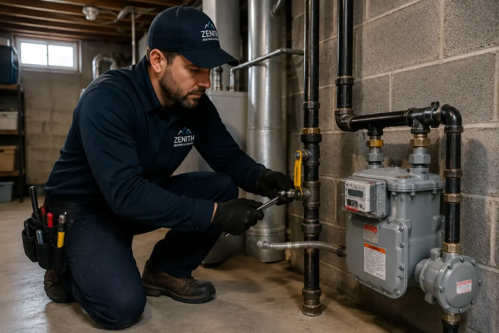 A gloved Zenith technician tightening a black iron gas line beside a residential gas meter.