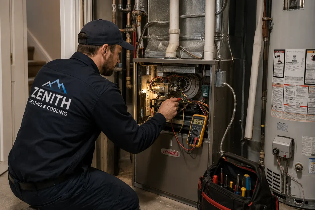 A Zenith technician testing a furnace control board with a multimeter during a service call in an Ottawa basement.