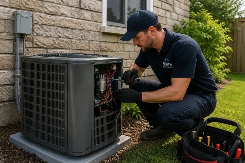 A Zenith technician working inside the electrical panel of an outdoor air conditioner beside an Ottawa home.