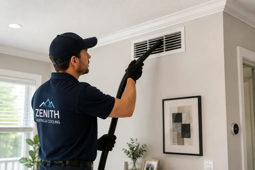 A Zenith technician guiding a vacuum hose into a wall register while cleaning a home’s ducts.