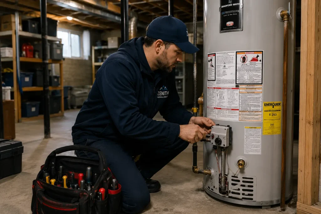 A Zenith technician adjusting the gas control valve on a residential water heater.
