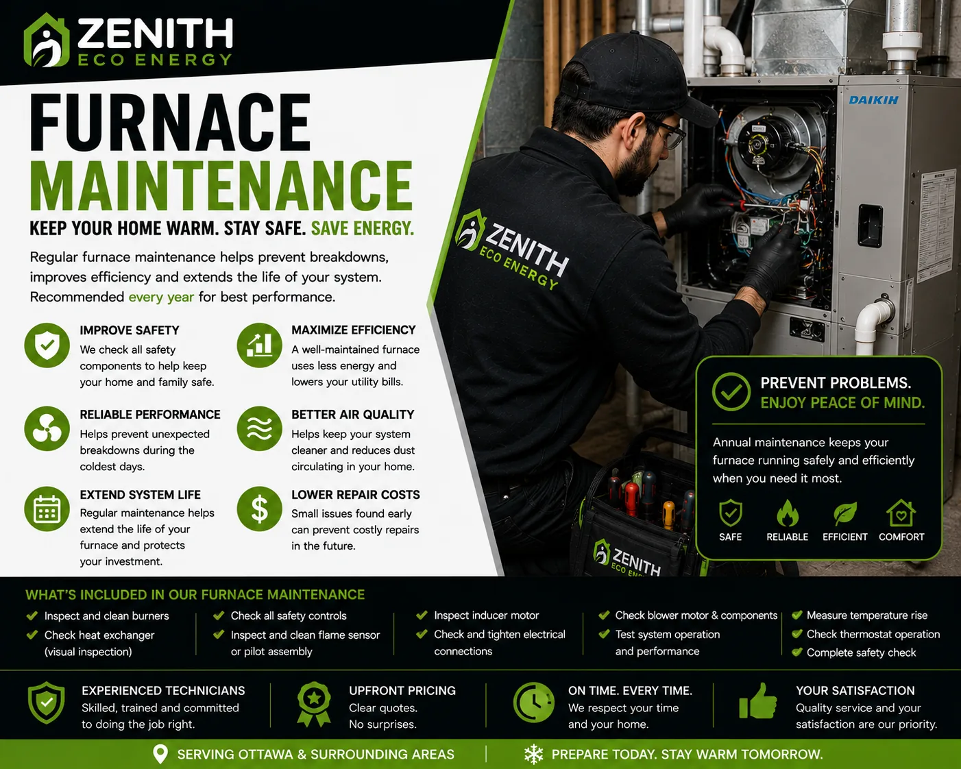 Zenith Eco Energy annual furnace maintenance in Ottawa: safety checks, cleaning and testing
