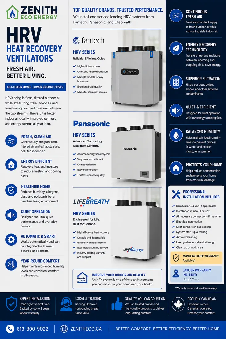 Fantech, Panasonic and Lifebreath heat recovery ventilators installed by Zenith Eco Energy in Ottawa