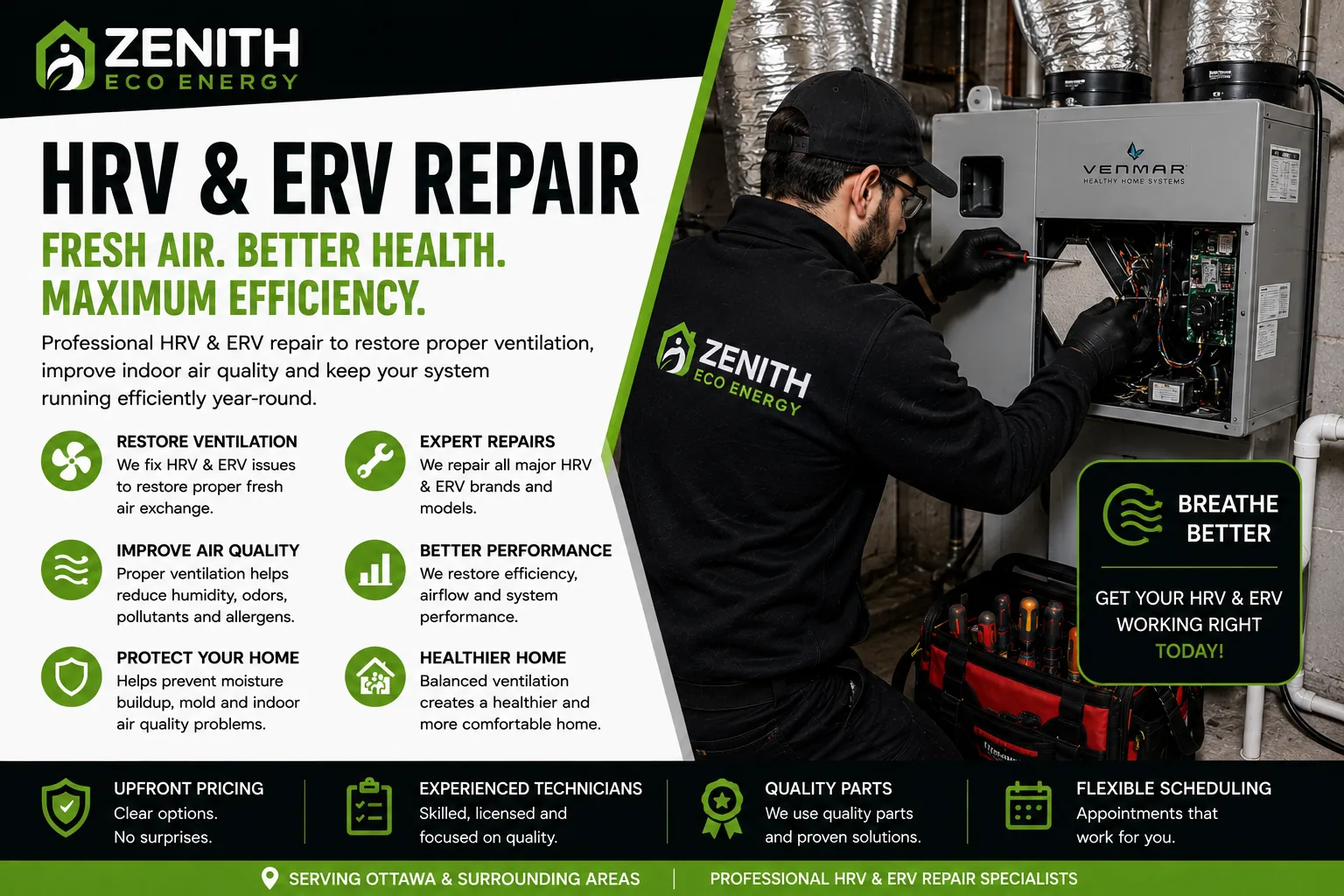 Zenith Eco Energy HRV and ERV repair in Ottawa to restore fresh air ventilation