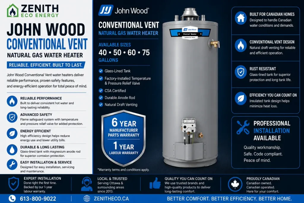John Wood ProLine conventional vent natural gas water heater installed by Zenith Eco Energy in Ottawa