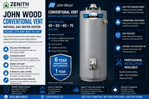 Air Conditioner & Furnace Products 29 John Wood ProLine conventional vent natural gas water heater installed by Zenith Eco Energy in Ottawa