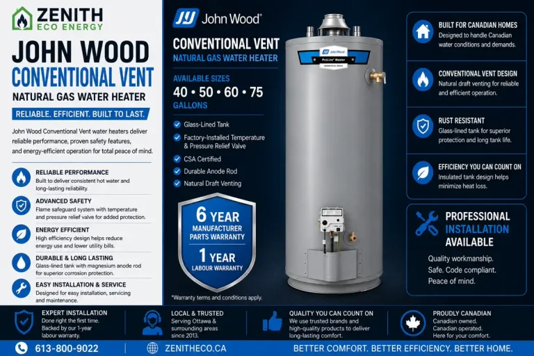 John Wood ProLine conventional vent natural gas water heater installed by Zenith Eco Energy in Ottawa