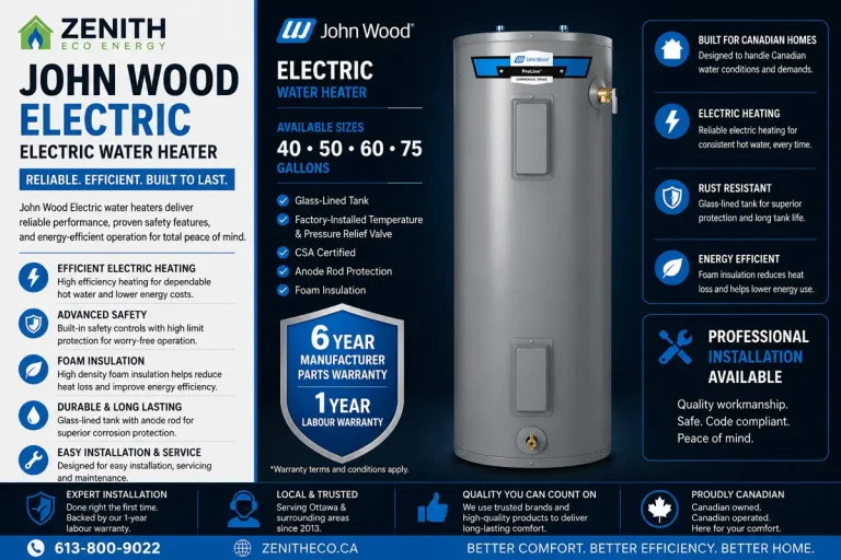 John Wood electric tank water heater installed by Zenith Eco Energy in Ottawa