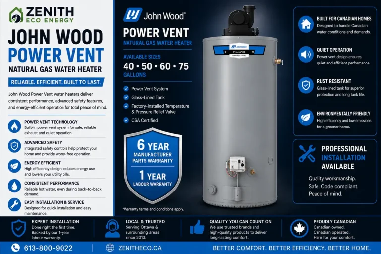 John Wood ProLine XE power vent natural gas water heater installed by Zenith Eco Energy in Ottawa