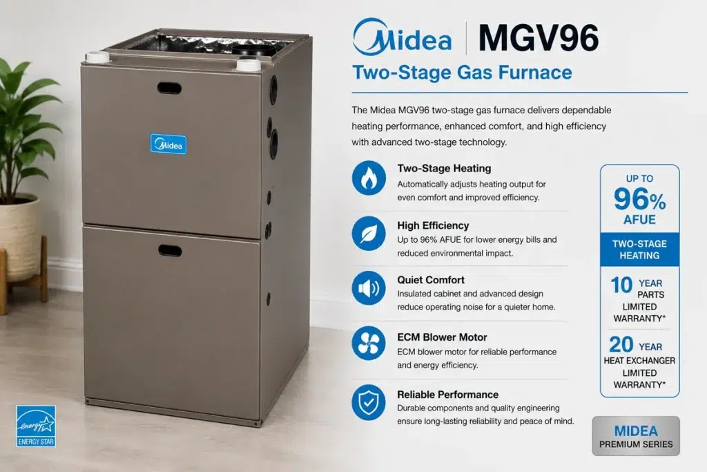 Midea MGV96 two-stage gas furnace, 96% AFUE, installed by Zenith Eco Energy in Ottawa