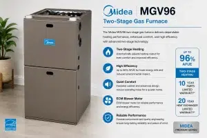 Midea MGV96 two-stage gas furnace, 96% AFUE, installed by Zenith Eco Energy in Ottawa