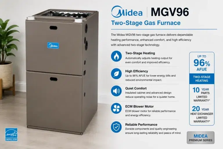 Midea MGV96 two-stage gas furnace, 96% AFUE, installed by Zenith Eco Energy in Ottawa