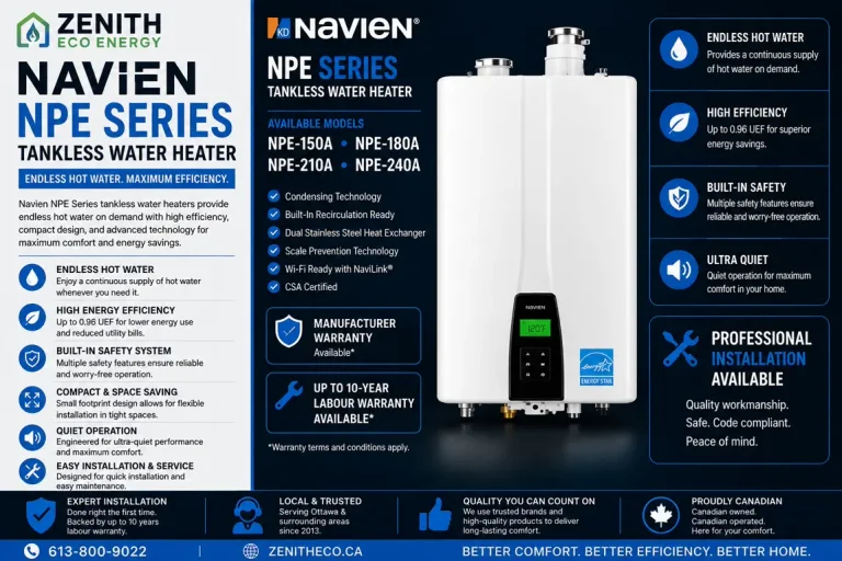 Navien NPE Series condensing tankless water heater installed by Zenith Eco Energy in Ottawa