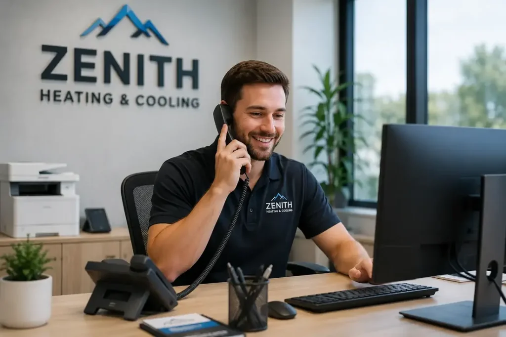 A Zenith Eco Energy team member taking a customer call at the office desk.