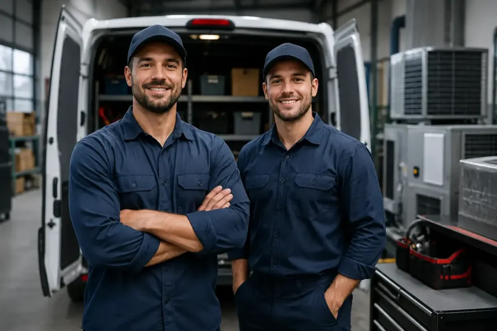 Two Zenith Eco Energy HVAC technicians standing in front of a loaded service van.