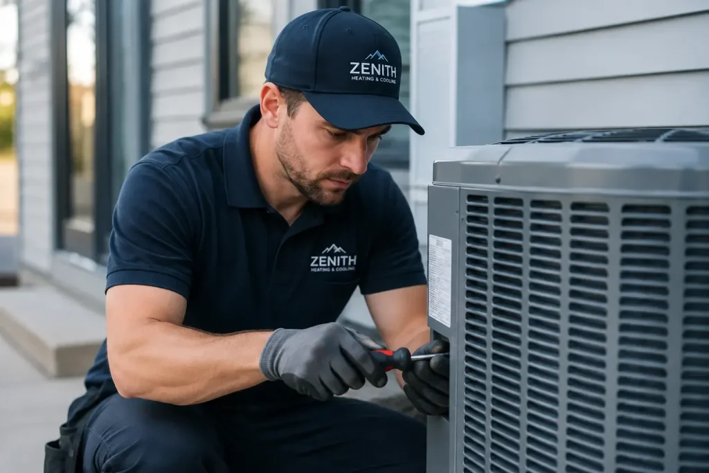 A Zenith Eco Energy technician using a screwdriver to service the electrical panel of an outdoor air conditioning unit.