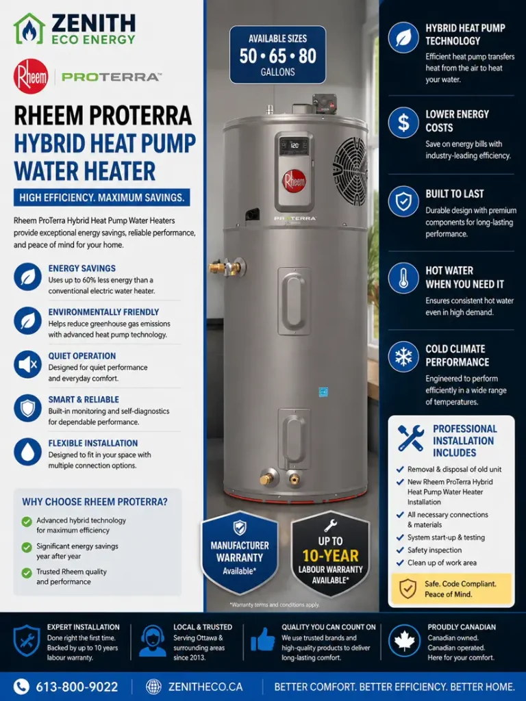 Rheem ProTerra hybrid heat pump water heater installed by Zenith Eco Energy in Ottawa