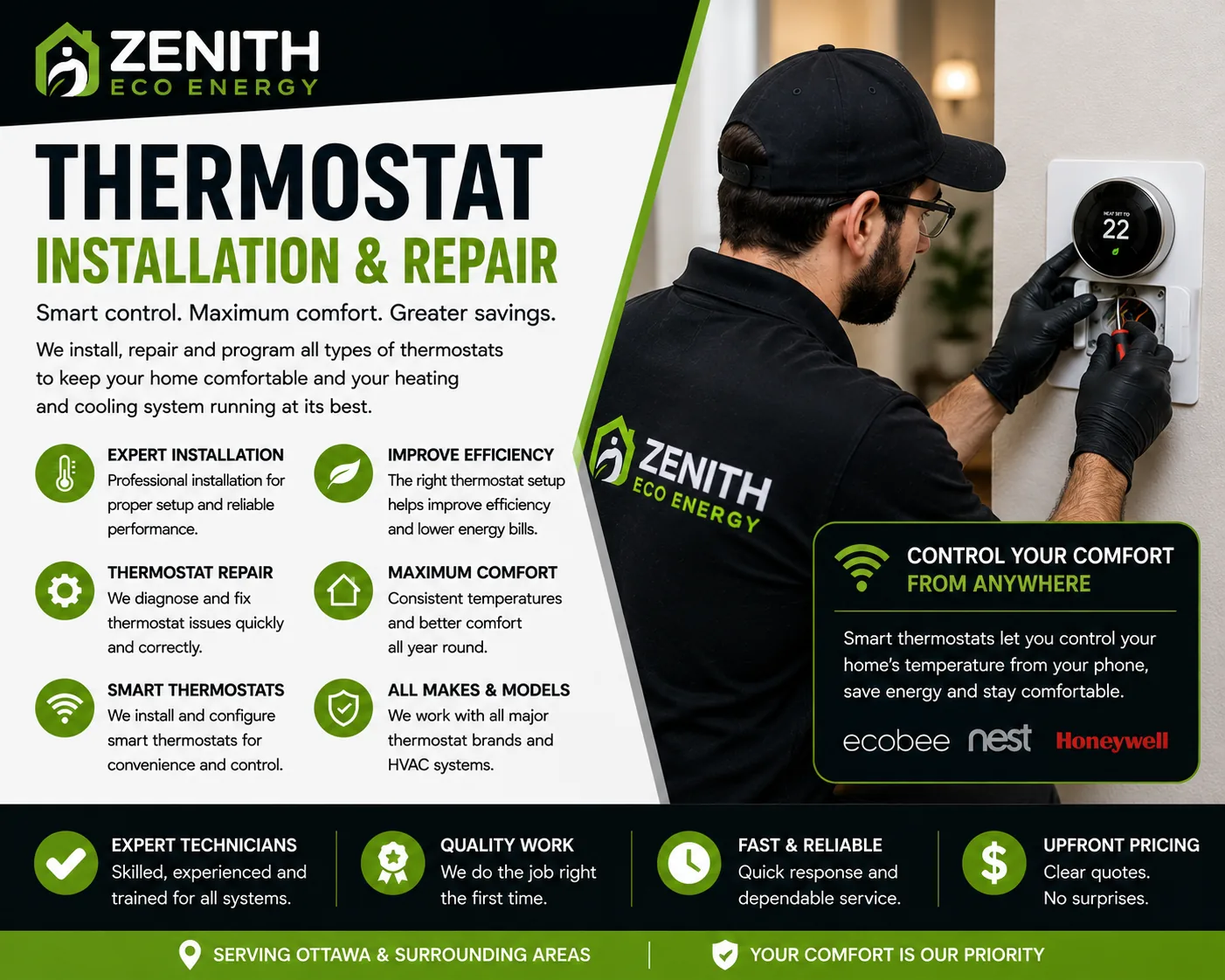Zenith Eco Energy thermostat installation and repair in Ottawa, including smart thermostats