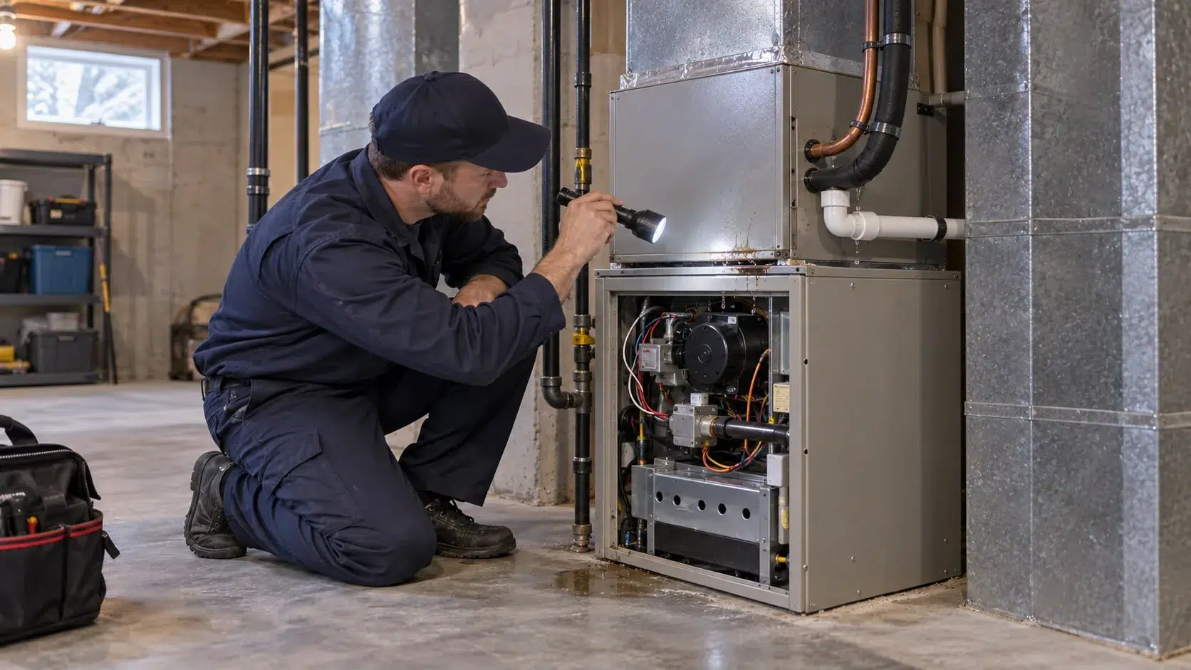 HVAC technician inspecting water leaking from the air conditioner coil into a gas furnace in an Ottawa basement