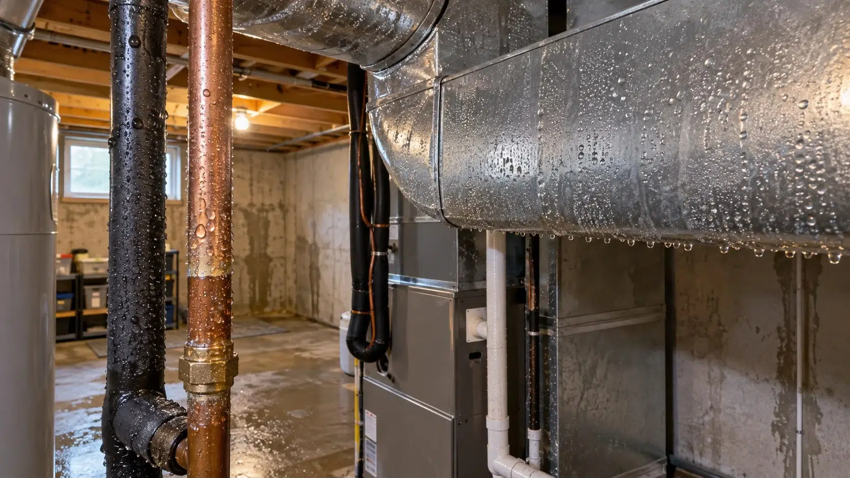 What Is the Ideal Indoor Humidity for an Ottawa Home? 1 Basement furnace ductwork and cold-water pipes covered in condensation droplets in an Ottawa home
