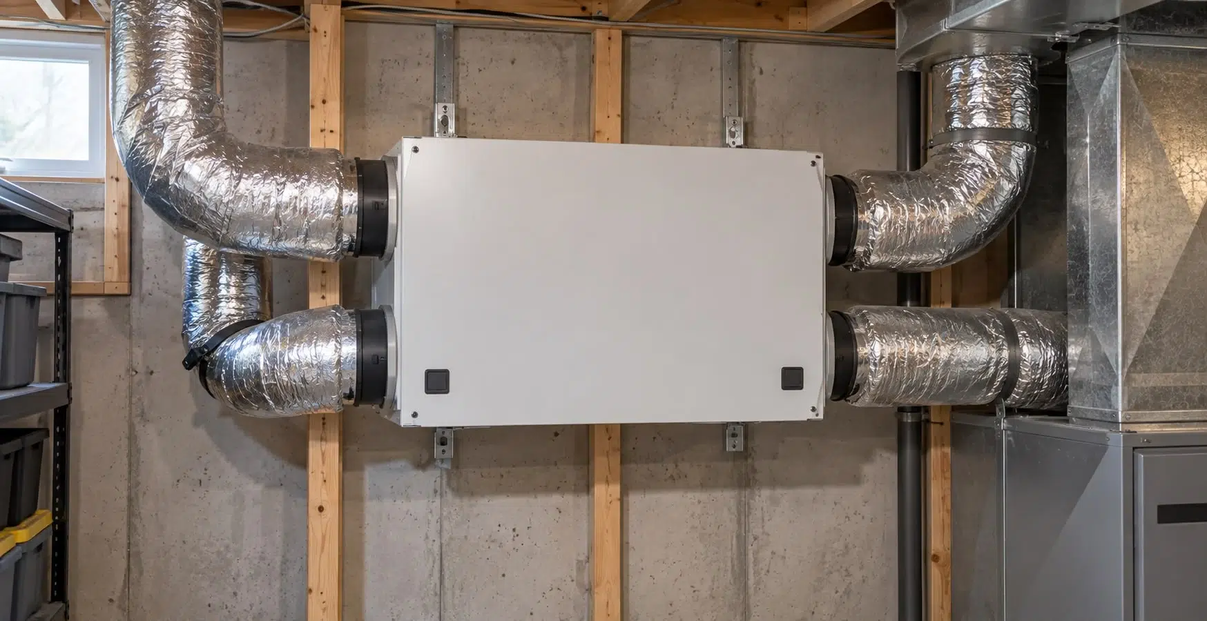 HRV or ERV ventilation unit mounted on a basement wall with insulated fresh-air and exhaust ducts connected to the furnace in an Ottawa home