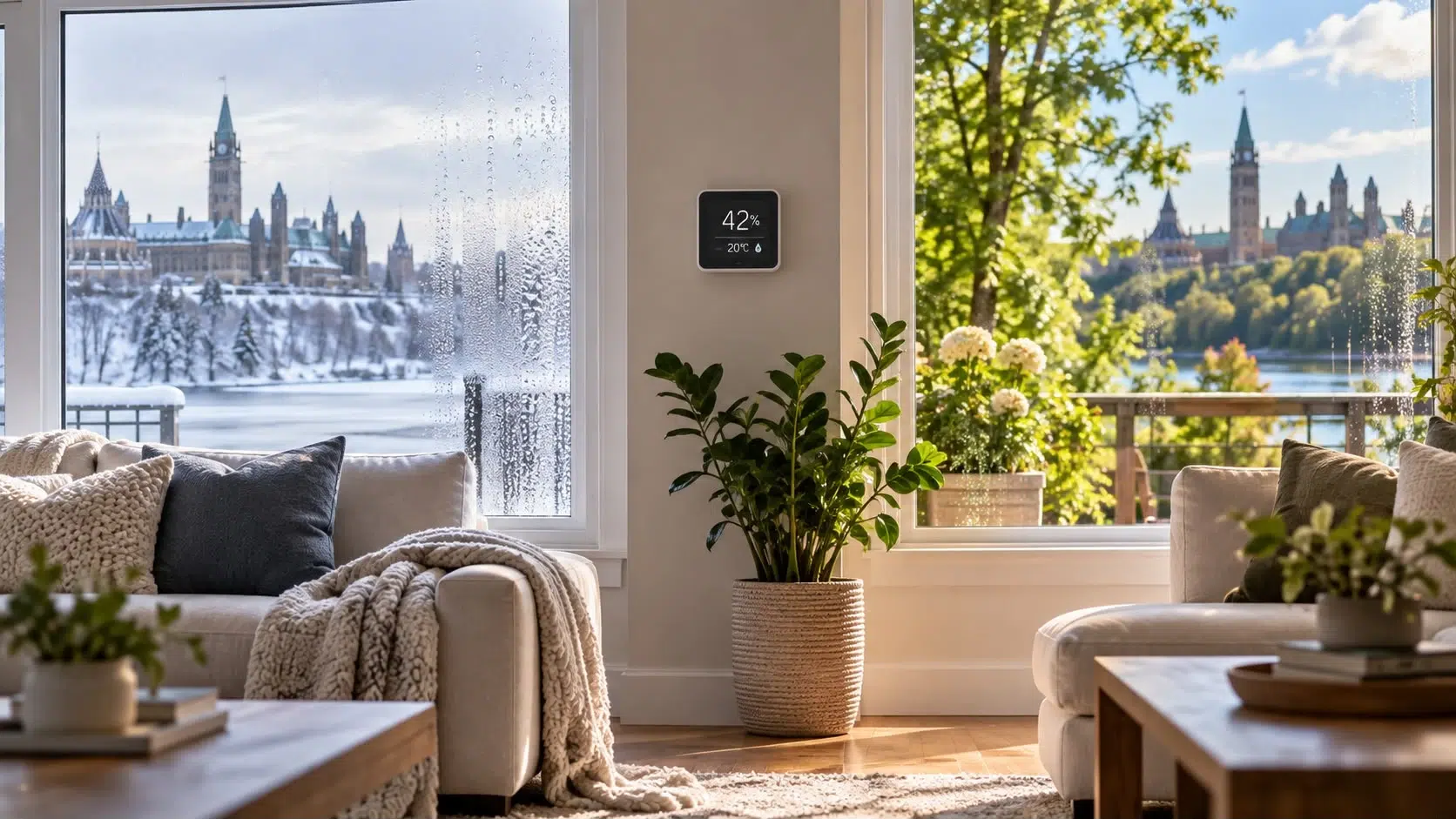 Ottawa living room with a thermostat showing 42% humidity between a snowy winter window with condensation and a sunny summer window