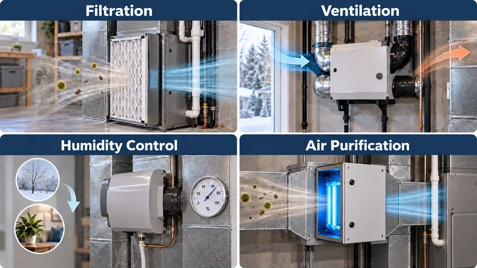 Four-panel illustration of a whole-home indoor air quality plan: furnace filter cabinet, HRV ventilation unit, whole-home humidifier and UV air purifier in an Ottawa home
