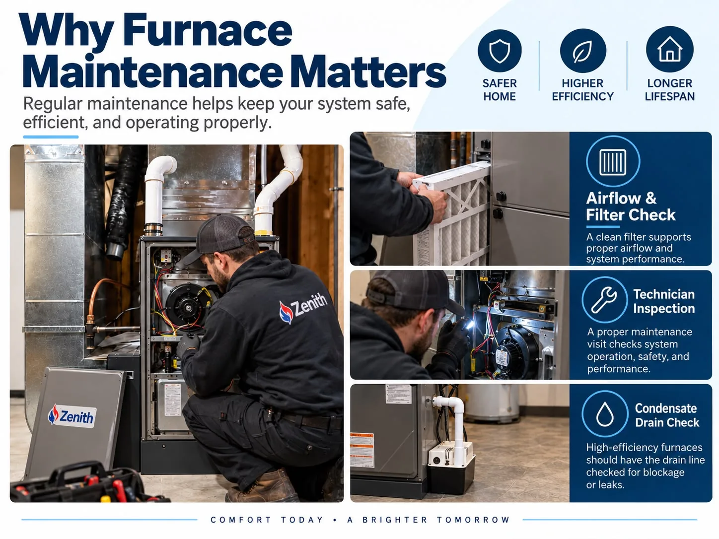 Zenith technician performing furnace maintenance in an Ottawa home, with airflow and filter check, technician inspection and condensate drain check