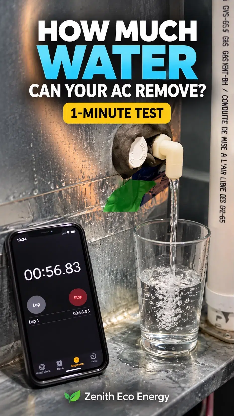How Your HVAC System Controls Humidity in Your Home 1 Phone stopwatch next to a glass filling with water from an AC condensate drain, with the text How much water can your AC remove, 1-minute test