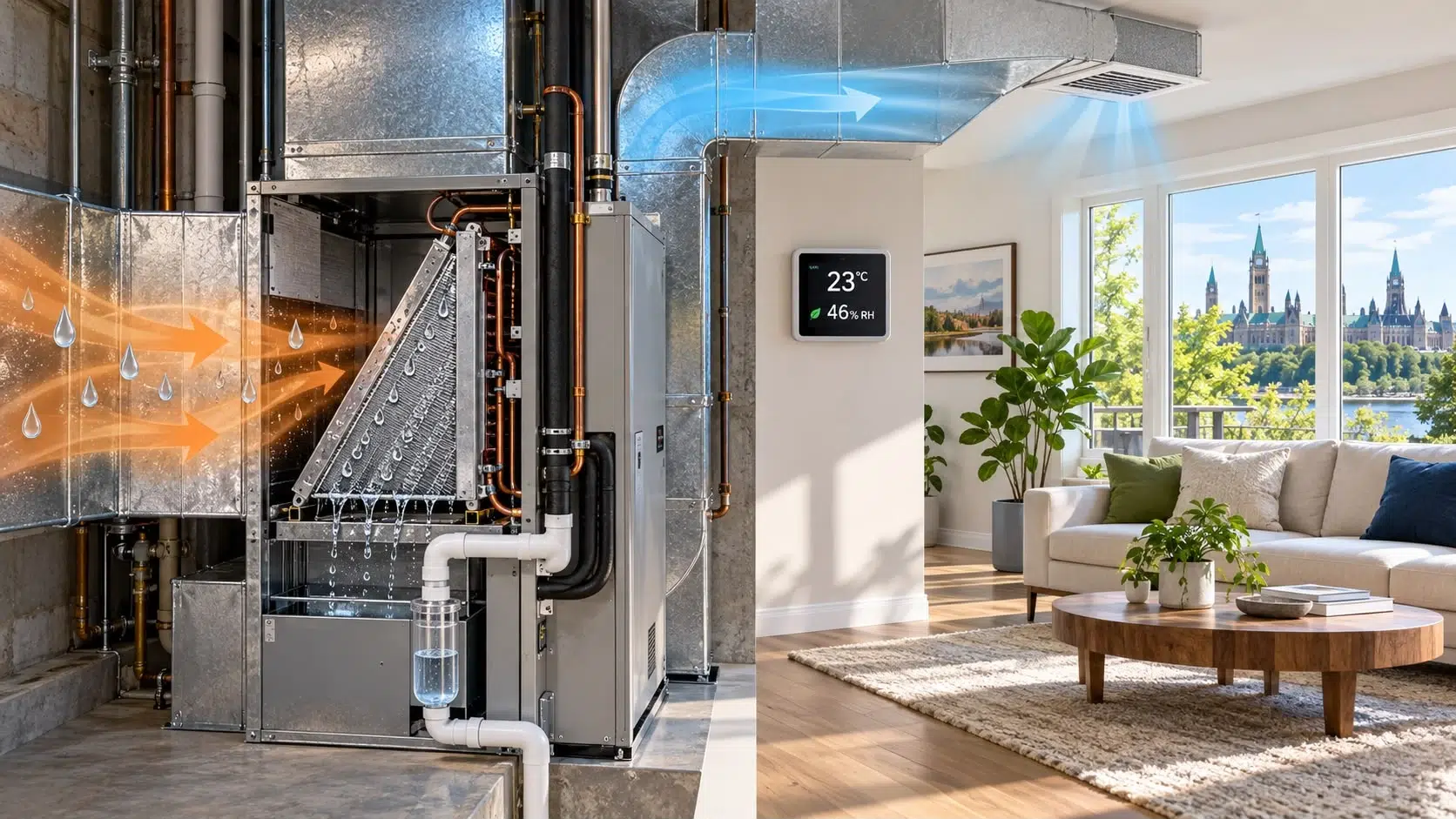 Cutaway of an HVAC system where warm humid air passes over a wet evaporator coil and condensate drains, beside a living room with a thermostat showing 23°C and 46% RH
